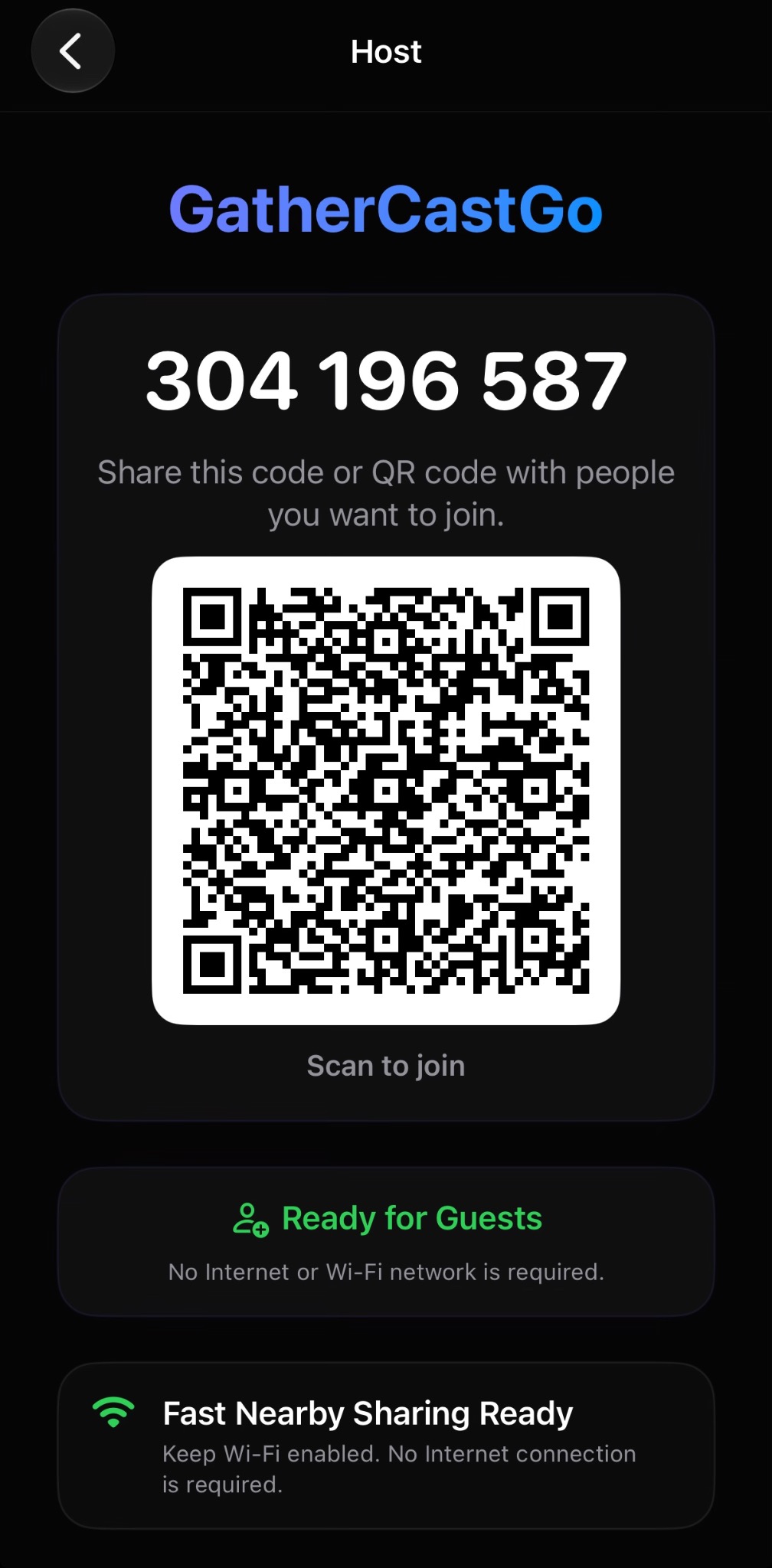 GatherCastGo Create Session screen with session code and QR code