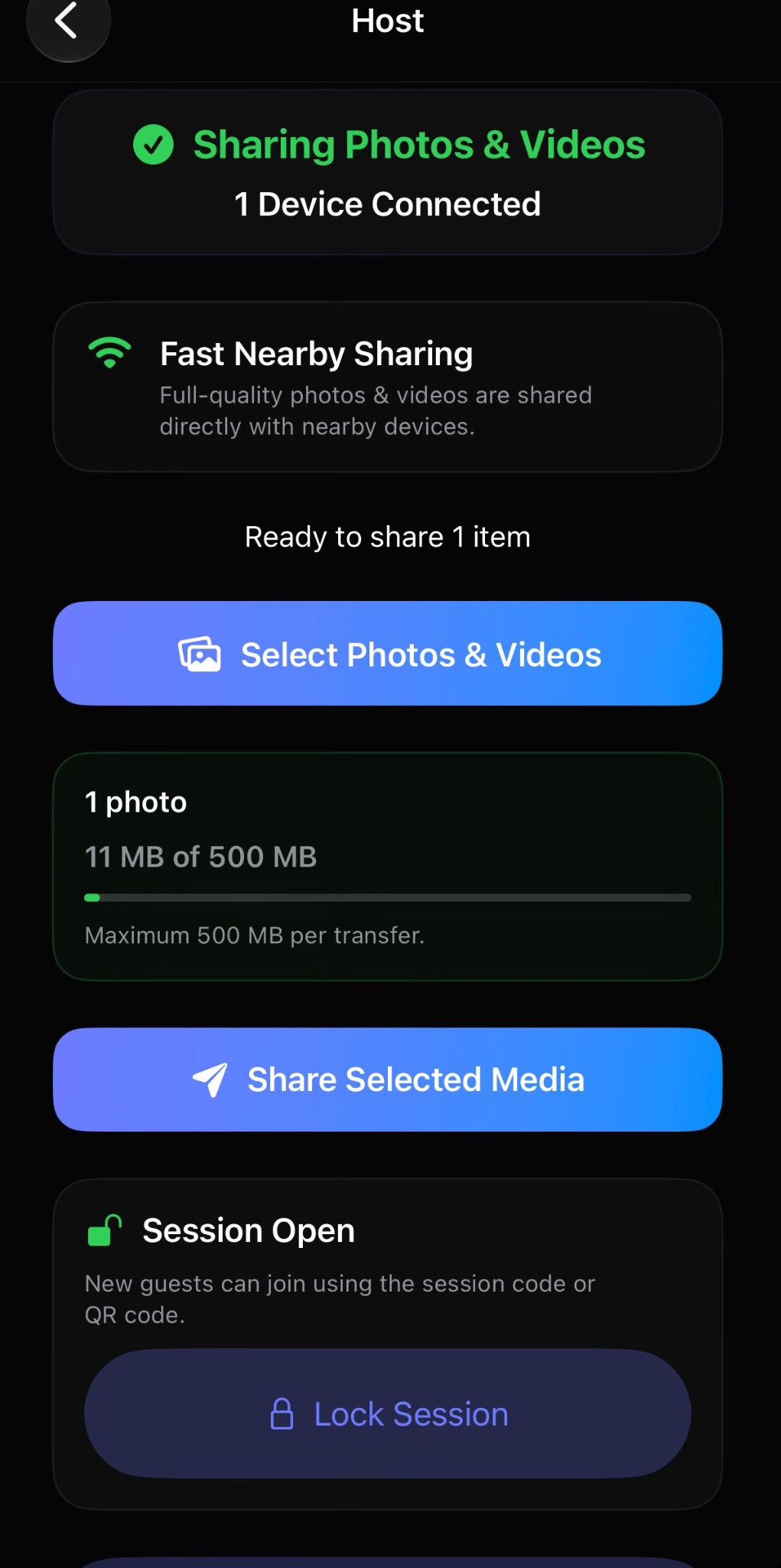 GatherCastGo Sharing screen showing a connected device and transfer size